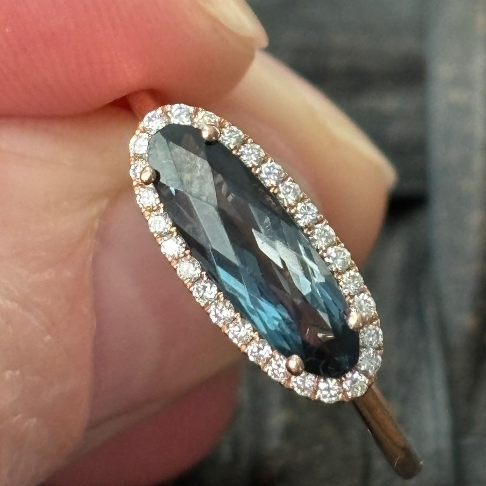 14k rose gold ring with London blue topaz and natural diamond halo. - Picture 3 of 11